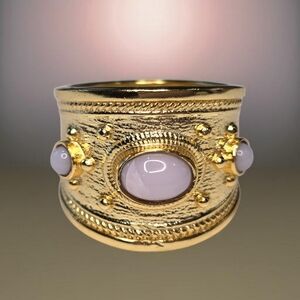 18k Gold Plated Genuine Pink Opal  Byzantine Wide Band Ring
